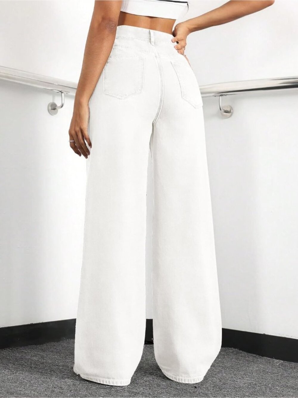 Women's White Baggy Trendy Five Pockets High Waisted Wide Leg Denim Pants - Picture 2 of 5